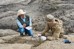 two paleontologists in the desert discuss the find and take notes in a field notebook photo