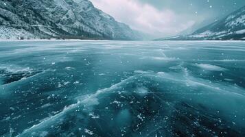 ai generado grietas en el superficie de el azul hielo. congelado lago en invierno montañas. eso es nevando foto