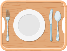 A wooden tray with iron plate knife and fork png