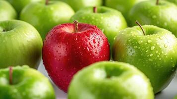 AI generated Red apple among green apples isolated on a white photo