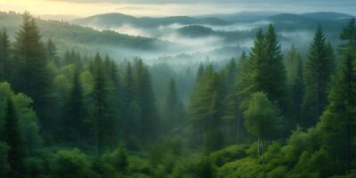 AI generated aerial view of foggy coniferous forest photo
