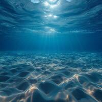 AI generated underwater view with sandy bottom, sunbeams and rays of light photo