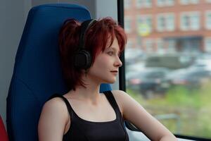 young woman with headphones rides in a moving suburban train and looks out the window photo