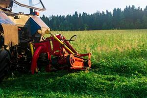 tractor con un montado cortacésped corta prado herbáceas foto