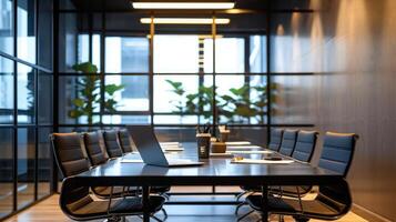 AI generated Interior of a modern office boardroom containing a table and chairs, laptop and office supplies after a meeting photo