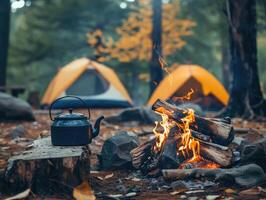 AI generated Camp fire and tea pot are foreground and focused, there is a tent in the background and defocused photo