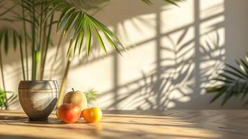 ai generado moderno interior estilo de vida Mediterráneo en verano escena, planta con Fruta en mesa con ligero y sombra en comida habitación foto