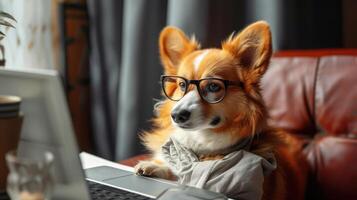 ai generado linda corgi perro mirando dentro computadora ordenador portátil trabajando en lentes y camisa foto