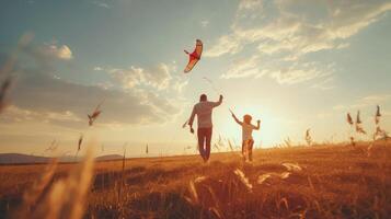 AI generated happy family father and child on meadow with a kite in the summer on the nature photo