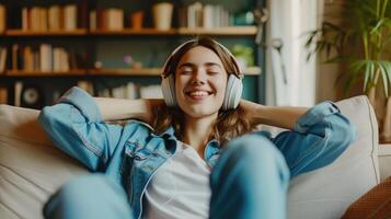 AI generated Caucasian beautiful woman smiling at home in headphones . Short brunette hair young girl wearing blue jeans listen music at home. Use technology, lifestyle concept photo