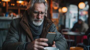 AI generated Mature man with beard watching movie on smart phone in cafe photo