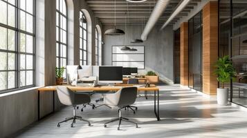 AI generated Modern office space with tables and chairs, computers and office supplies with no employees photo