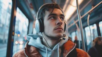 ai generado joven hombre montando en público transporte escuchando a el música foto