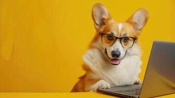 AI generated Cute corgi dog looking at laptop in glasses on yellow background photo