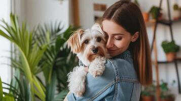 AI generated Beautiful woman in jeans shirt holding medium-sized dog on shoulder while standing in light room interior. Emotional female keeper finding joy in everyday interaction photo