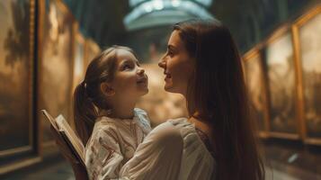 AI generated Happy mother and daughter exploring expositions of previous centuries in museum photo