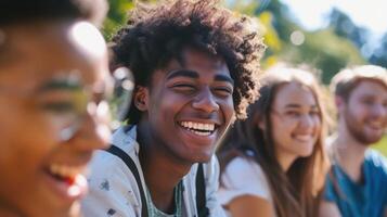 AI generated Multicultural couple on genuine laughter - Life style concept with happy multiracial friends having fun together out side - Trendy college students enjoying break time at campus photo