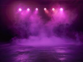 AI generated The dark stage shows, purple background, an empty dark scene, neon light, spotlights The asphalt floor and studio room with smoke float up the interior texture for display products photo