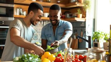 AI generated Two guys of different ethnicity having fun while making salad together on kitchen. Concept of gay couples and everyday life at home . Caucasian and hispanic man cooking healthy food photo