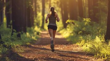 ai generado aptitud deportivo mujer corriendo temprano en el Mañana en bosque área, sano estilo de vida concepto foto