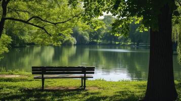 ai generado bonito ciudad parque por el lago foto