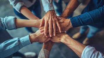 AI generated Close up top view of young business people putting their hands together. Stack of hands. Unity and teamwork concept. photo