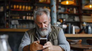 AI generated Mature man with beard watching movie on smart phone in cafe photo