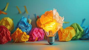 AI generated Idea and creativity concepts with paper crumpled ball and lamp.Think out of box.Business solution. photo