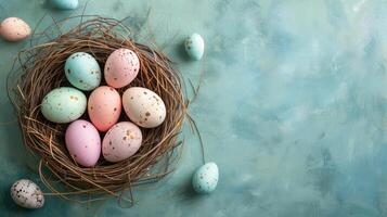 AI generated Happy Easter holiday celebration banner greeting card with pastel painted eggs in bird nest on Green backround tabel texture photo