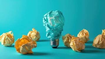 AI generated Idea and creativity concepts with paper crumpled ball and lamp.Think out of box.Business solution. photo