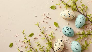 AI generated Composition with Easter eggs and green branches on beige background photo