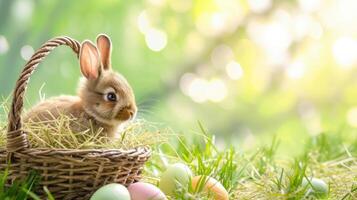 AI generated Small ,baby rabbit in easter basket with fluffy fur and easter eggs in the fresh,green spring landscape. Ideal as an easter card or greeting card or wallpaper. photo