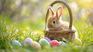 AI generated Small ,baby rabbit in easter basket with fluffy fur and easter eggs in the fresh,green spring landscape. Ideal as an easter card or greeting card or wallpaper. photo