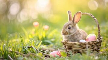 AI generated Small ,baby rabbit in easter basket with fluffy fur and easter eggs in the fresh,green spring landscape. Ideal as an easter card or greeting card or wallpaper. photo
