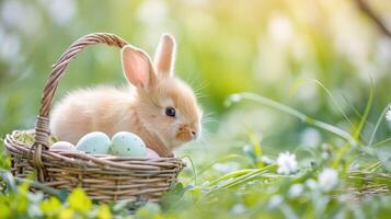 AI generated Small ,baby rabbit in easter basket with fluffy fur and easter eggs in the fresh,green spring landscape. Ideal as an easter card or greeting card or wallpaper. photo