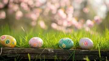 AI generated Top veiw. Painted easter eggs in the grass celebrating a Happy Easter in spring with a green grass meadow, cherry blossom and on rustic wooden bench to display photo