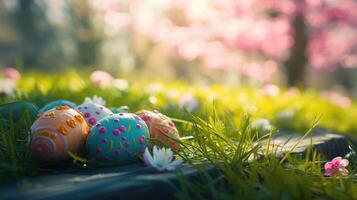 AI generated Top veiw. Painted easter eggs in the grass celebrating a Happy Easter in spring with a green grass meadow, cherry blossom and on rustic wooden bench to display photo