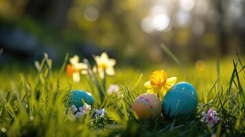 ai generado Pascua de Resurrección huevos ocultación en el césped con narciso foto