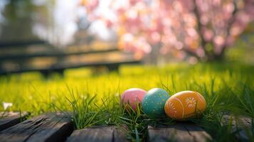 AI generated Top veiw. Painted easter eggs in the grass celebrating a Happy Easter in spring with a green grass meadow, cherry blossom and on rustic wooden bench to display photo