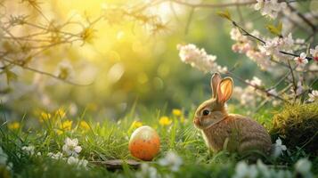 AI generated Top veiw. Painted easter eggs and golden rabbit in the grass celebrating a Happy Easter in spring with a green grass meadow, cherry blossom and on rustic wooden bench to display photo