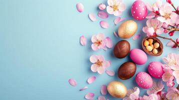 AI generated Happy Easter Colorful Easter chocolate eggs with cherry blossoms flat lay on blue background. Stylish tender spring template with space for text. Greeting card or banner photo