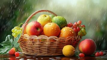 AI generated Basket with fresh fruits with water droplets, realistic feeling, very detailed, realistic brightness photo