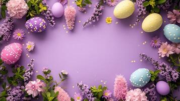 AI generated Purple Easter background with springtime flowers and Easter eggs, top view. Frame photo