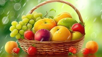 AI generated Basket with fresh fruits with water droplets, realistic feeling, very detailed, realistic brightness photo