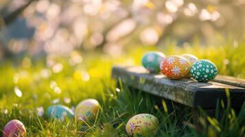 AI generated Top veiw. Painted easter eggs in the grass celebrating a Happy Easter in spring with a green grass meadow, cherry blossom and on rustic wooden bench to display photo