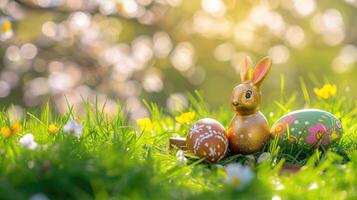 AI generated Top veiw. Painted easter eggs and golden rabbit in the grass celebrating a Happy Easter in spring with a green grass meadow, cherry blossom and on rustic wooden bench to display photo