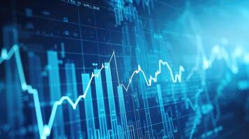 AI generated Business chart with uptrend line graph, bar chart and stock numbers in bull market on white and blue color background photo