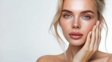 AI generated Beauty skin. Head and shoulders of blond woman model, touching glowing, hydrated facial skin, apply toner, skin cream or lotion for healthy look, after shower portrait, white background. photo