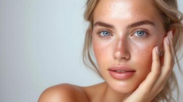 AI generated Beauty skin. Head and shoulders of blond woman model, touching glowing, hydrated facial skin, apply toner, skin cream or lotion for healthy look, after shower portrait, white background. photo