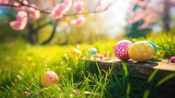 AI generated Top veiw. Painted easter eggs in the grass celebrating a Happy Easter in spring with a green grass meadow, cherry blossom and on rustic wooden bench to display photo